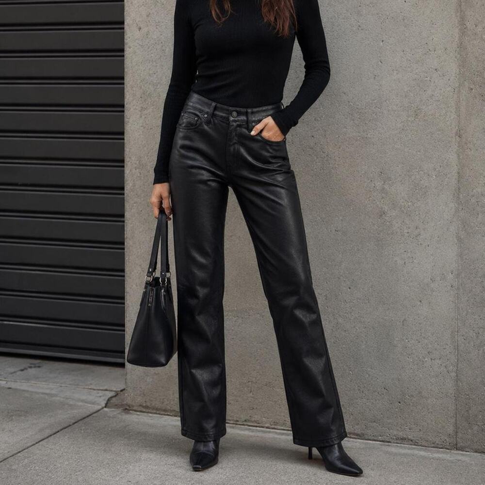 MOTHER Black Faux Leather Straight-Leg Jeans